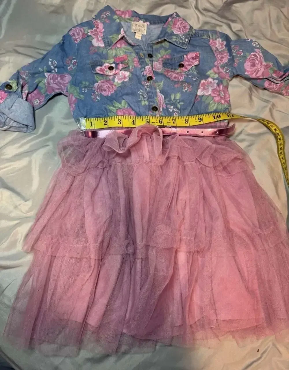Pink & Violet Girls Floral Print Denim Bodice Tulle Tutu Dress w/ Metallic Belt